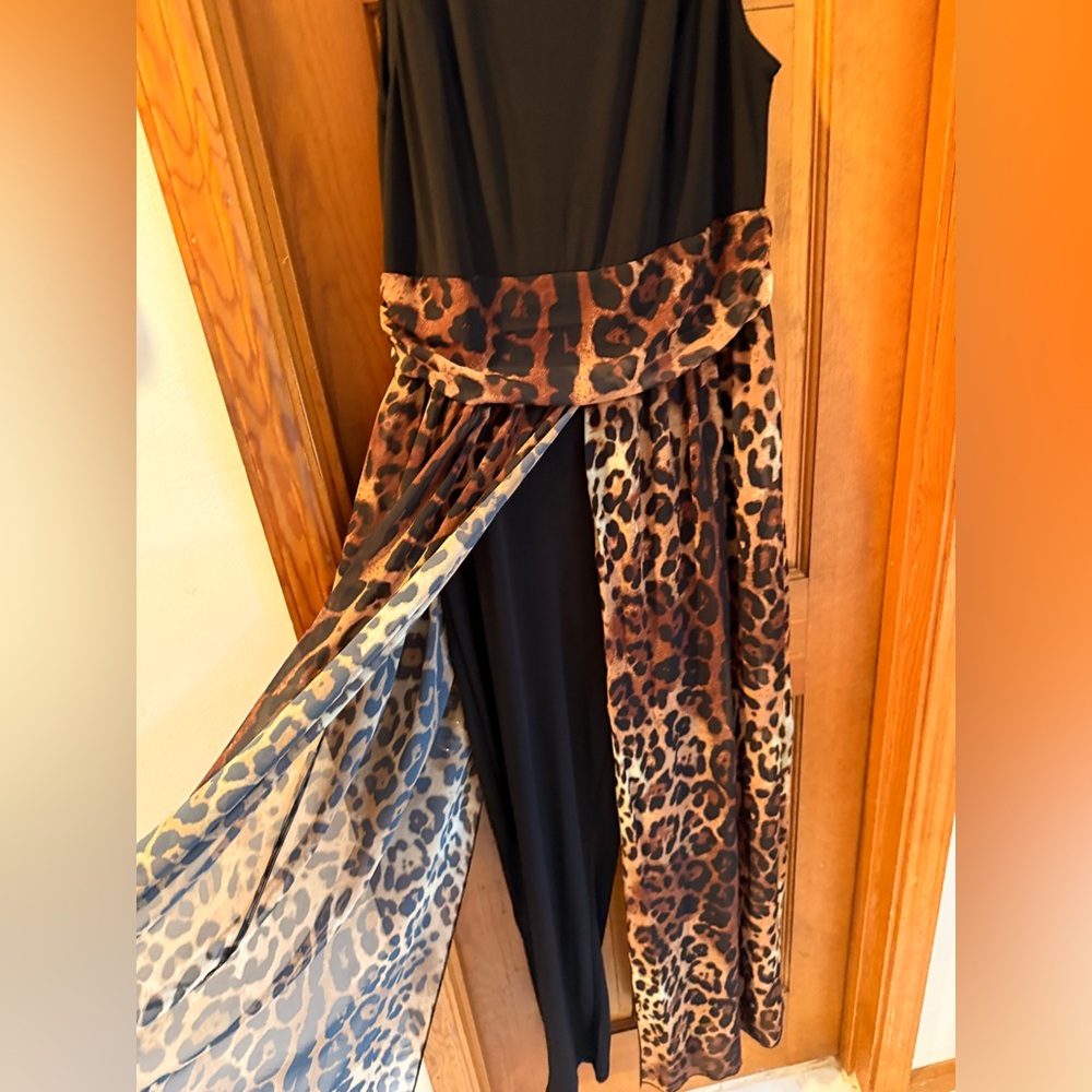 Black Jumpsuit with Leopard-Print Overlay